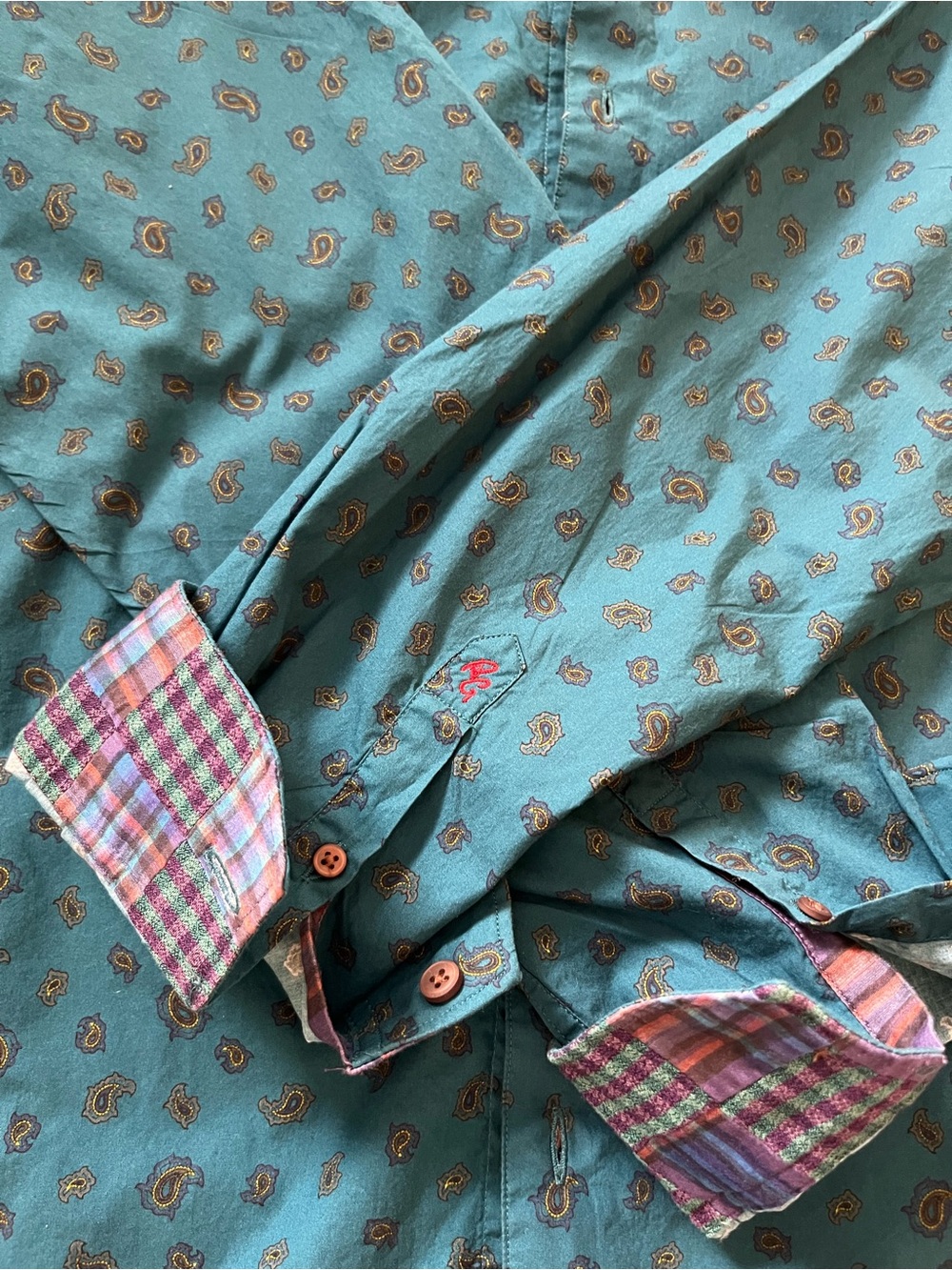 Robert Graham - Teal Paisley-Print Long Sleeve Button-Down Shirt - Men’s Size L